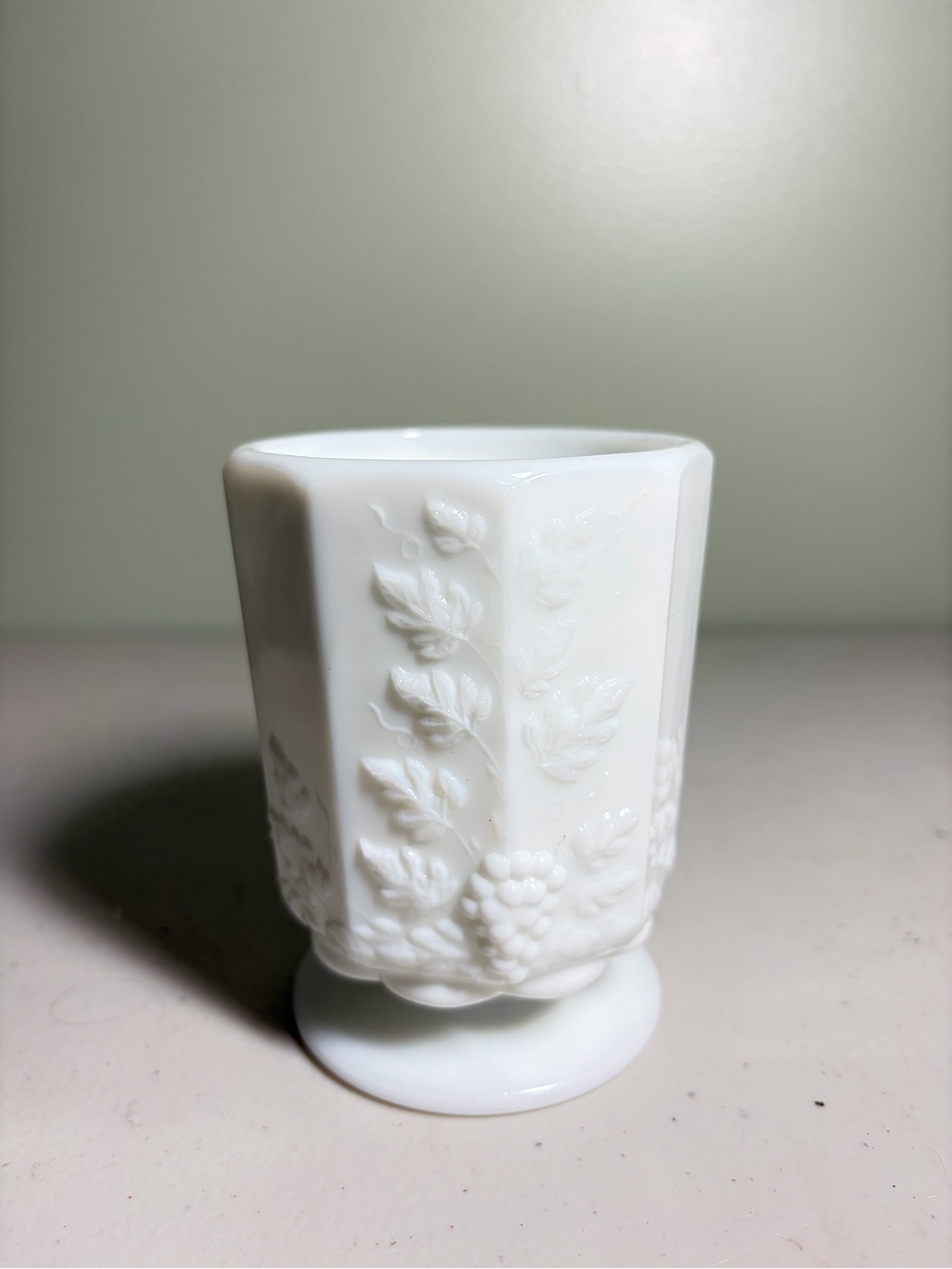 Vintage Westmorland Milk Glass Footed Tumbler Or Vase With Grapevine Pattern MCM